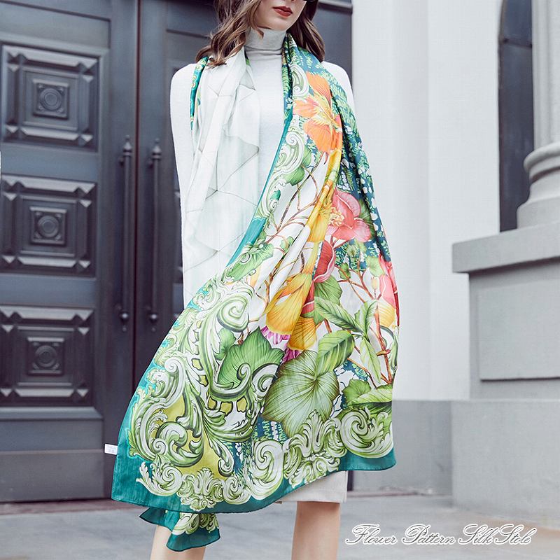 ストール/ボタニカル&花柄シルク大判ストール レディース 秋 冬 秋冬 春夏 夏物 春 夏 ショール スカーフ 防寒対策 ひざ掛け uv 薄手 フォーマル プレゼント グリーン ホワイト イエロー 大判 大判ストール uvケア 母の日 敬老の日