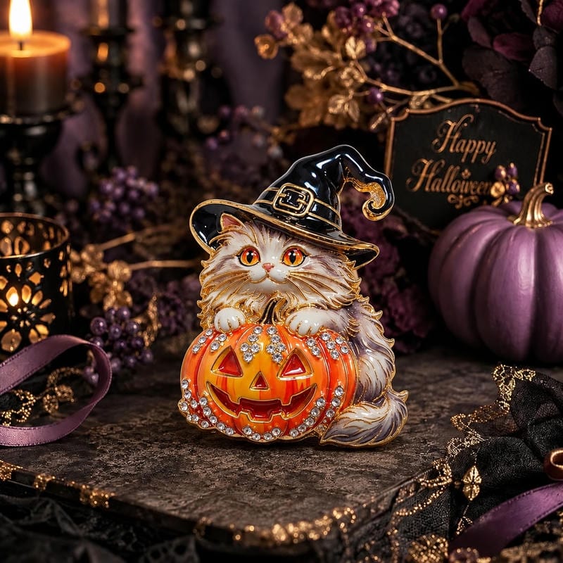 ハロウィン ネコ ブローチ 猫 ねこ レディース アクセサリー 大人可愛い おしゃれ 高級感 ゴールド ギフト プレゼント 秋冬 ジャックオランタン パンプキン 魔女 クリスタル キラキラ ハロウィンアクセサリー 誕生日 贈物 ギフトアクセサリーの商品画像 2