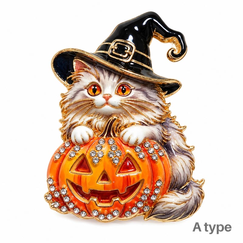 ハロウィン ネコ ブローチ 猫 ねこ レディース アクセサリー 大人可愛い おしゃれ 高級感 ゴールド ギフト プレゼント 秋冬 ジャックオランタン パンプキン 魔女 クリスタル キラキラ ハロウィンアクセサリー 誕生日 贈物 ギフトアクセサリーの商品画像 3