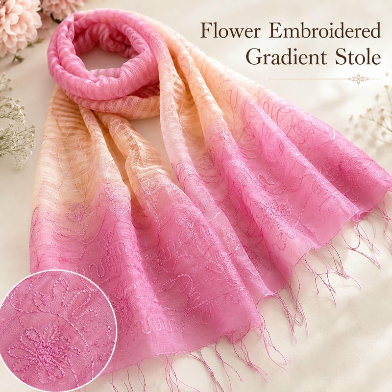 Rakuten - ストール 花刺繍 ピンク系 薄手 春 夏 シルク混 コットン 大判 レディース 50代 60代 軽い 透け感 フリンジ 冷房対策 母の日 敬老の日 ギフト プレゼント インド製 送料無料
