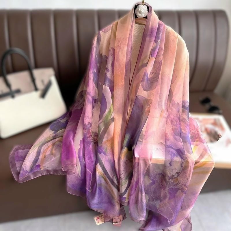 大判ストール 180×130cm 花柄 レディース 薄手 春 夏 秋 シフォン ショール 羽織り 冷房対策 日焼け対策 UV対策 軽量 上品 エレガント パープル ピンク フラワー柄