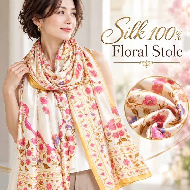 ELEGANT SILK COLLECTION 花柄デザイン 大判ストール 100% SILK 上品な花柄とやわらかな風合いが魅力のシルクストール。 華やかなイエロー系の色合いが、いつもの装いを優雅に引き立てます。 PRODUCT DETAILS COLORイエロー系 SIZE約230×110cm MATERIALシルク100％ COUNTRY中国製 TEXTURE柔らかな肌触り DETAIL 華やかな花柄で、装いに上品な彩りを 花々をあしらった華やかなデザインと、シルク100％ならではのなめらかな質感が魅力。 首元に巻いたり、肩にふんわり掛けたりと、さまざまなアレンジを楽しめます。 大判サイズなので、コーディネートのアクセントにも、羽織りものとしても活躍します。 STYLE & GIFT ・結婚式、披露宴、パーティー、お呼ばれに ・お食事会や観劇、旅行などのお出かけに ・シンプルな装いのアクセントに ・母の日、誕生日、記念日の贈り物に ご購入前にご確認ください ※サイズは平置きでの目安です。測り方により多少の誤差が生じる場合がございます。 ※撮影時の照明やご使用のモニター環境により、実際の商品と色合いが異なって見える場合がございます。 ※柄の出方や色の見え方には個体差がございます。 ※シルク素材はデリケートなため、お取り扱いの際は洗濯表示をご確認ください。シルク100％ 花柄デザイン大判ストール 華やかな花柄が目を引く、上品なイエロー系の大判ストール。 シルク100％の柔らかな肌触りと美しい光沢が、装いにエレガントな印象を添えます。 首元に巻いて華やかに、肩に掛けて優雅に。 結婚式や披露宴、パーティー、お食事会、旅行など、さまざまなシーンにおすすめです。 【商品詳細】 カラー：イエロー系 サイズ：約230×110cm 素材：シルク100％ 生産国：中国製 生地：柔らかな肌触り 【おすすめシーン】 結婚式・披露宴・パーティー・お呼ばれ・二次会・お食事会・観劇・旅行・お出かけ・母の日・誕生日・記念日・ギフト・プレゼント 【検索キーワード】 シルクストール 花柄ストール 大判ストール レディースストール シルク100％ シルク ショール 花柄 フラワー柄 イエロー 黄色 薄手ストール 光沢 上品 エレガント 高級感 フォーマル 結婚式 披露宴 パーティー お呼ばれ 二次会 羽織り 冷房対策 おしゃれ 旅行 母の日 誕生日 プレゼント ギフト 40代 50代 60代 女性 【ご注意】 ※サイズは目安です。測り方により多少の誤差が生じる場合がございます。 ※モニター環境や撮影時の照明により、実際の商品と色合いが異なって見える場合がございます。 ※柄の出方には個体差がございます。 ※シルク素材はデリケートなため、洗濯表示をご確認のうえお取り扱いください。