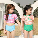 水着 3点セット 帽子付き キッズ 女の子 セパレート 子供用 ラッシュガード こども ガールズ チェック柄 可愛い ジュニア 半袖 ピンク オレンジ 短パン サ 冷え防止 女児 スイムウェア 小学校 幼稚園 保育園 プール 海 水遊び 母の日(4)