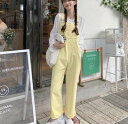 レディース ロング丈 イエロー 黄色 デニム パンツ ボトムス パステルカラー カジュアル ルーズ オーバーオール 個性的 可愛い 春 夏 お泊まり お出かけ 旅行 公園デビュー ママ ママ友 運動 ピクニック 親子コーデ おそろい 楽ちん ゆる 着痩せ