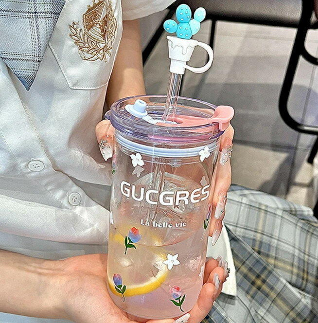 マグボトル 直飲み ガラス グラス マグカップ コップ 蓋付き ふた ストロー付き タンブラー 耐熱 夏 ドリンク 一重 二重 軽量 プリント おしゃれ 可愛い