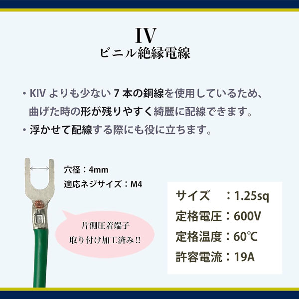 アース線 IV電線 1.25sq 緑 5m〜20m 両端にY型圧着端子付き 600V 国内メーカー品 ...