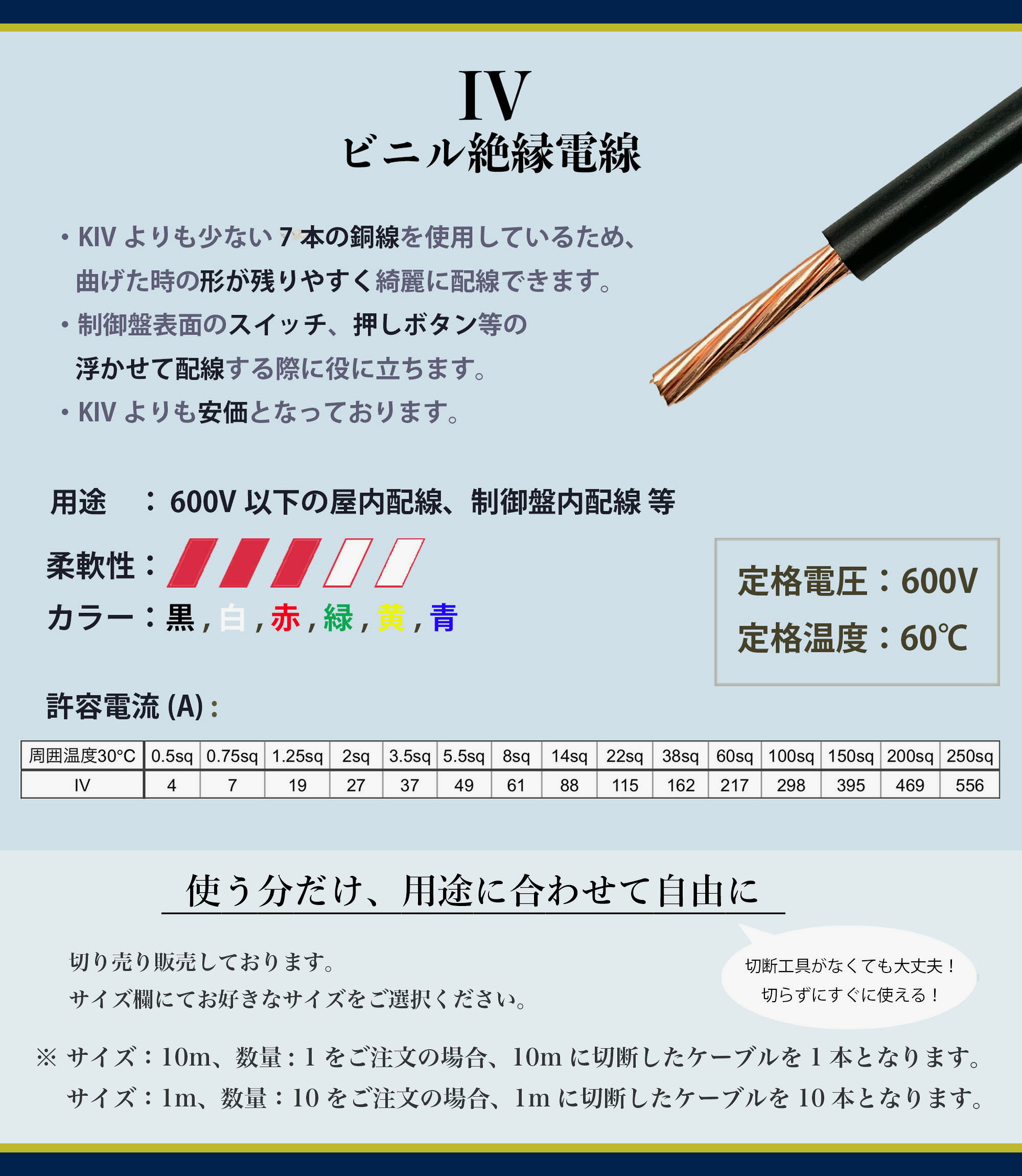 【定尺】 IV 5.5sq 100m 電線 黒 白 赤 緑 黄 青 600V 国内メーカー品 ビニル絶縁...