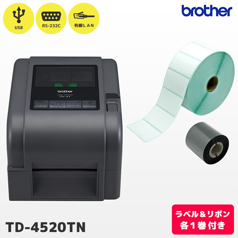 詳細仕様 商品番号 TD-4520TN JANコード 4977766798587 印刷ヘッド（解像度） 300dpi（12ドット/mm） 印刷方式 感熱/熱転写方式兼用 印字速度 最高127mm/秒(5ips)*1 最大印字幅 105.7mm 最小印字長 5mm 用紙幅 20mm〜112mm 用紙長さ 約5mm〜11,430mm 最大ロール外径 127mm 芯の直径（最小） 25.4mm 用紙センサー(位置) 透過式(固定)反射式(可動) 最大リボン幅 110mm 最大リボン長 300m 発行方式 ティアバー（手切り） 外形寸法 約204mm（W）×280mm（D）×178mm（H） 質量 約2.5kg Windows&reg;対応OS*2 Microsoft&reg; Windows&reg; 以降 Microsoft&reg; Windows Server&reg;2008 以降 Mac対応OS *2 OS X 10.10.x 以降 動作温度・湿度 5℃〜40℃/25%〜85%（結露なきこと） 保管温度・湿度 -40〜60℃/10〜90%（結露なきこと） インターフェイス 【USB】USB Ver.2.0 High Speed *3、USBホスト（Aタイプ） 【有線LAN】10/100BASE-TX 【シリアル】 RS-232C (D-sub 9ピン) 電源 入力:AC 100-240V 50-60Hz 2.0A 出力: DC24V　2.5A、60W 消費電力 待機時1.3W プリンター制御コマンド FBPL、SBPL（互換） 内蔵フォント 8種の英数字ビットマップフォントIMAGING&reg; True TypeフォントエンジンCG Triumvirate Bold Condensedスムーズフォント 内蔵バーコード ■ 1次元バーコードCode128UCC, Code128 subsets A、B、C, EAN128, Interleaved 2 of 5, Interleaved 2 of 5 with check digit, Code39, Code39 with check digit, Code93, EAN13, EAN8, UPCA, UPCE, EAN and UPC 2 (5) digits add-on, Codabar, Postnet, MSI, MSI with check digit, PLESSEY, China post, ITF14, Code11, TELEPEN, TELEPENN, PLANET, Code49, Deutsche Post Identcode, Deutsche Post Leitcode, LOGMARS ■ 2次元バーコードGS1 DataBar, GS1 DataMatrix, Maxicode, AZTEC, PDF417, QR Code, Micro PDF 417 メモリ（利用可能領域） 80MB 同梱品 電源コード、ACアダプター、USBケーブル、300mリボン対応用リボンスピンドル2本、巻き取り用リボン紙管1本 （製品本体、取扱説明書、保証書除く） オプション 外付けロールホルダー（PA-RH-001） ※1. 印字速度は使用環境によって異なります。 ※2. 最新のドライバーおよびソフトウェアはブラザーサポートサイトよりダウンロードできます。 ※3. USBケーブルは1.5m以下のものをお使いください。セットで税込2640円OFF！全部揃っておトク！スマレジ・Airレジ・square対応POSレジセット TD-4520TNブラザー 熱転写 ラベルプリンター 高画質モデル | brotherFBA出品用ラベル印刷セット 300mインクリボンに対応し、大量発行に最適 耐久性の高いフィルム素材のラベルにも印字可能な熱転写ラベルプリンター。耐擦過性・耐久性が高いラベルを使うことで、レーザープリンターと同等の印刷品質を実現。解像度300dpiの高画質モデルです。 印字可能ラベルが豊富 大量発行に適した300mインクリボン 高速印刷で業務効率アップ 充実のインターフェイス BarTender&reg;対応 お試し用ラベル・リボン 各1巻付 TD-4520TNは耐久性の高いフィルム素材のラベルにも印字可能な熱転写ラベルプリンターです。 ラベル作成ソフトウェア「BarTender Ultra Lite Edition」を無料でご利用可能。ラベルデータの作成・発行ができます。 Amazonでは印刷品質の高いレーザープリンターの利用が推奨されていますが、熱転写プリンターはレーザープリンターのA4タックシールと違い、1枚ずつ印刷が可能なので無駄がありません。耐擦過性・耐久性が高いラベルを選択することで、レーザープリンターと同等の印刷品質の実現も可能です。 こちらのセットには、FBA出品用に適したラベルと専用インクリボンを各1巻ずつお付けします。また各サプライ品のまとめ買いセットで運用すれば、1枚あたり1円以下の低コスト運用が実現しますので、こちらのセットで一度お試しいただいた後、サプライ品のまとめ買いをご検討いただく流れがおすすめです。 SPEC スペック 製品型番TD-4520TN インターフェイス【USB】USB Ver.2.0 High Speed、USBホスト（Aタイプ） 【有線LAN】10/100BASE-TX 【シリアル】 RS-232C (D-sub 9ピン) サイズ約204mm（W）×280mm（D）×178mm（H） 対応紙幅20mm〜112mm 印字速度最高127mm/秒(5ips) 電源供給専用ACアダプター（付属） 解像度300dpi（12ドット/mm） メーカーブラザー brother メーカー保証1年間 掲載値はメーカー規定の測定方法によるものです。保証値は別途仕様書をご参照ください。 記載内容は予告無く変更されることがあります。あらかじめご了承ください。 ラベルロール紙 FBA-50-30 100巻セット インクリボン TR-W60300 10巻セット 【 この商品は標準モデルです 】 標準モデルにはオートカッター・ハクリ機能共に搭載されておりません。必要な場合は下記のモデルをご購入下さい。 オートカッター搭載モデル TD-4520TN-CU ハクリユニット搭載モデル TD-4520TN-LP BarTender&reg;対応 ラベル作成ソフトウェア「BarTender Ultra Lite Edition」を無料でご利用可能。ラベルデータの作成・発行ができます。※BarTenderは、Seagull Scientific,Inc.の登録商標です。 関連商品 TD-4520TN 本体のみはこちら 熱転写プリンター対応 ラベル・リボン 【 ご注意ください 】 納期情報が「メーカーお取り寄せ商品」となっている場合、納期にお時間がかかる場合がございます。ご購入前に正確な納期を確認されたい場合は、当店までお問い合わせ下さい。お客様都合による返品・交換は承っておりませんので、ご購入前にご利用にあたって必要な情報を必ずご確認下さい。