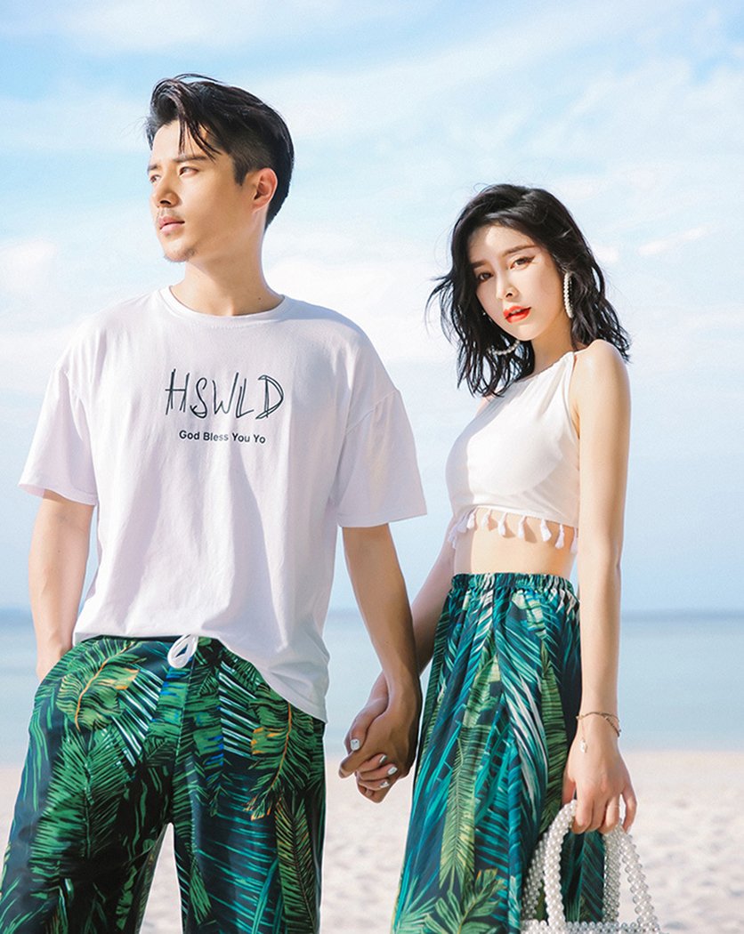 男女4点セット 水着 カップル お揃い セット ペアルック水着 メンズ レディース サーフパンツ 海パン 水着 南国風 リゾート 水着