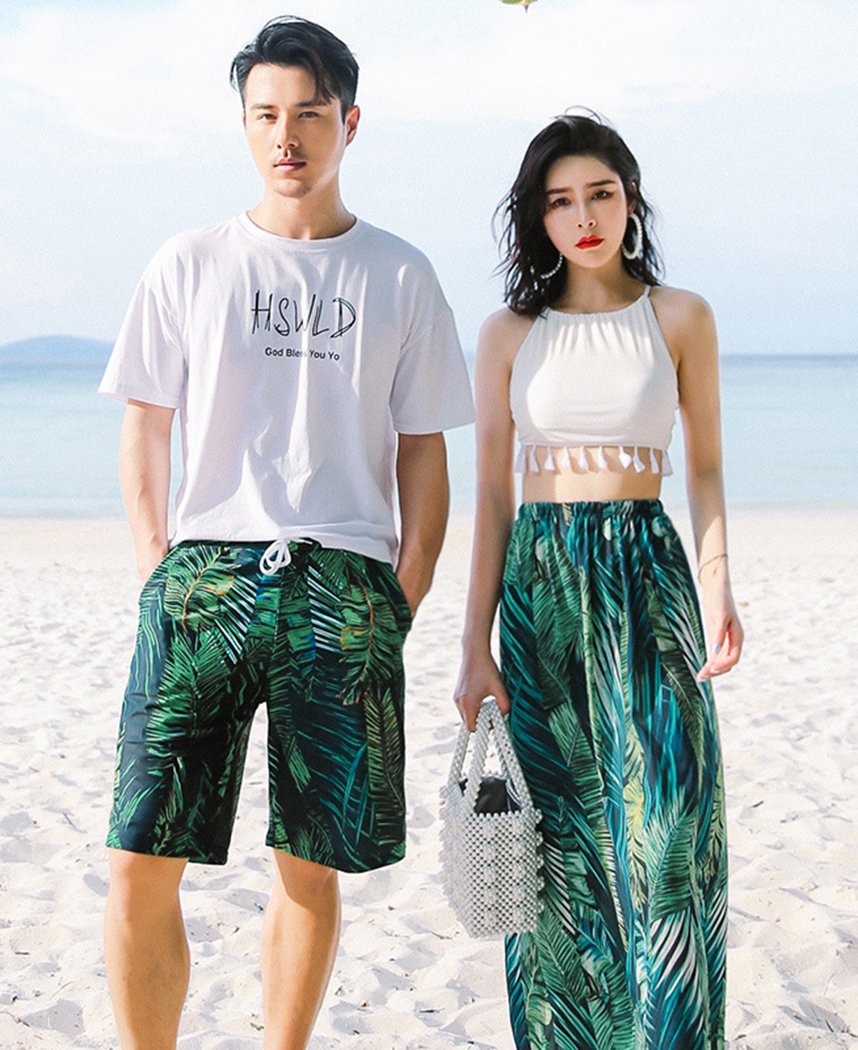 男女4点セット 水着 カップル お揃い セット ペアルック水着 メンズ レディース サーフパンツ 海パン 水着 南国風 リゾート 水着