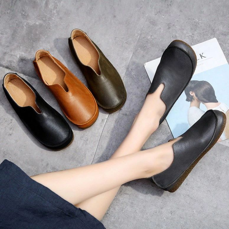 フラットシューズ 4色全 牛革 トップクラフト 丸い頭 復古 婦人柔らかい 軽量 通勤OL 通学歩きやすい 痛くない 疲れない 外反母趾 幅広 ぺたんこ 母の日 美脚 ミュール 韓国ファッション スリッポン レザー おしゃれ夏 かかと踏めるプレプラ