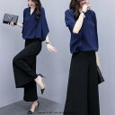セットアップ レディース カジュアル 夏 40代 半袖 ブラウス シャツ Vネック ガウチョパンツ シフォン ワイドパンツ フォーマル 結婚式 パーティー 二次会 披露宴 コーデ トップス きれいめ 大きいサイズ おしゃれ 可愛い 通勤 OL 大人 上品 着痩せ
