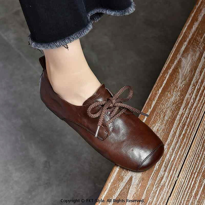 レディース レザーシューズ スクエアトゥ レースアップ 本革 シボ加工 フラット レトロ 英国風 ローヒール 紐靴 ブラウン ブラック