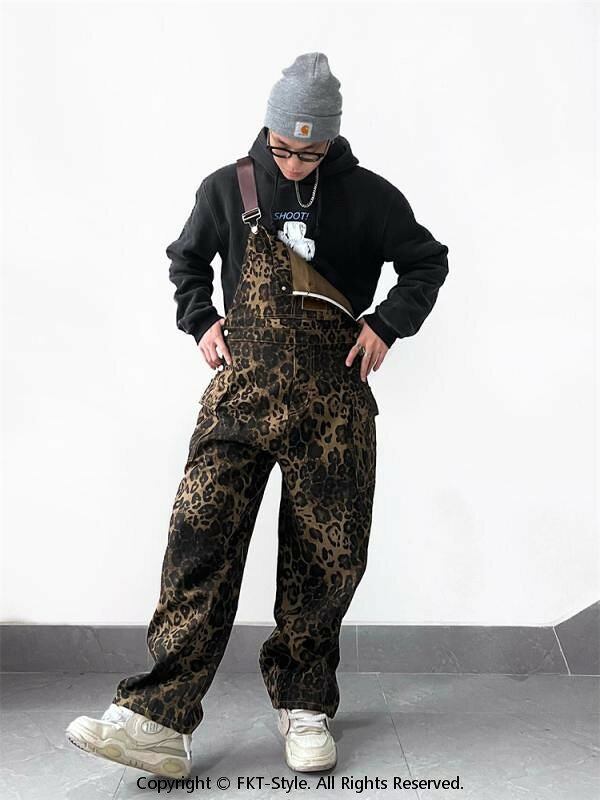 オーバーオール メンズ つなぎ アメリカン レトロ ストリート 多ポケット ヒョウ柄 サロペット 作業服 カジュアル ゆったり ストレート デニム生地 大きいサイズ おしゃれ 普段着