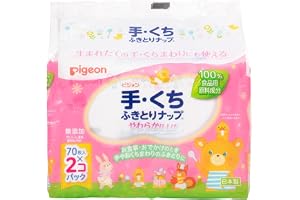 水、PG、オレイン酸ポリグリセリル-10、エチルパラベン、プロピルパラベン、安息香酸Na、クエン酸、クエン酸Na100％食品用原料成分でできたふきとり成分を使用した、赤ちゃんや小さなお子さまの手・口まわり用のウエットティシュです。手や口のまわりに使える安心処方で、ごはんやおやつの食べこぼし、おでかけ時の手の汚れ、おくちまわりの汚れやミルク汚れもしっかり拭き取れます。やわらかな肌ざわりのふんわり厚手シートを採用しており、デリケートなお肌の汚れをやさしくすっきり落とせます。無着色・無香料・ノンアルコールの低刺激設計で、皮フ科医による皮フ刺激性テスト済みです。生まれてすぐの赤ちゃんにもお使いいただけます。便利な詰め替え用70枚入り×2個セットです。