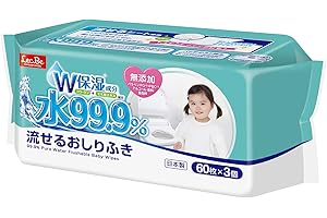 水、加水分解コラーゲン、モモ葉エキス、BG、フェノキシエタノール、ブチルカルバミン酸ヨウ化プロピニル、ベンザルコニウムクロリド成分の99.9%が純水でできた、限りなく水に近い安心・安全な赤ちゃん用おしりふきです。トイトレ期や外出時にも便利で、使用後はそのままトイレに流せます。「コラーゲン」と「モモ葉エキス」のW保湿成分を配合し、デリケートな赤ちゃんのお肌を優しくケア。パラベン・PG・アルコール・香料・着色料は不使用の無添加処方で、新生児から安心してお使いいただけます。便利な60枚入り×3個セット（計180枚）でお届けします。
