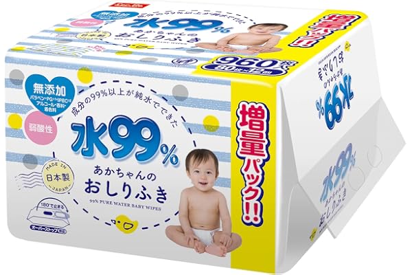 水、加水分解コラーゲン、モモ葉エキス、BG、カプリン酸グリセリル、PEG-4、フェノキシエタノール、ポリアミノプロピルビグアニド、ベンザルコニウムクロリド「レック(LEC) 純水ベビーケア 純水99% おしりふき 80枚×12個 (960枚) 弱酸性 日本製」は、赤ちゃんのデリケートなお肌のために作られた、安心・安全の国産おしりふきです。■成分の99％以上が純水限りなく水に近い成分で作られているため、生まれたての赤ちゃんや肌が敏感なお子様にも安心してご使用いただけます。■お肌にやさしい無添加＆弱酸性パラベン・PG・IPBC・アルコール・香料・着色料は一切不使用。お肌と同じ弱酸性なので、毎日のオムツ替えでもお肌を刺激せず、優しくケアできます。■ふんわりやわらかシート肌あたりが優しくふんわりとしたシートを採用。しっかりとした拭き心地でお尻の汚れをやさしく綺麗に拭き取ります。■便利なオーバーストップ機能付きシールオープンシールには、シートを取り出す際に途中で止まる便利なオーバーストップ機能が付いており、片手でも1枚ずつスムーズに取り出せます。■安心の日本製・国内工場生産生産から梱包まで徹底した衛生管理のもと、日本の国内工場で作られています。【商品詳細】・内容量：80枚入×12個（合計960枚）・シートサイズ：約180mm×140mm・成分：水、レブリン酸、安息香酸Na、ベンザルコニウムクロリド、BG・生産国：日本大容量960枚セットなので、ご自宅用はもちろん、まとめ買いや非常時の備えにも最適です。