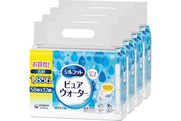 水、PG、安息香酸、ポリアミノプロピルビグアニド、ブチルカルバミン酸ヨウ化プロピニル、ベンザルコニウムクロリド、EDTA-2Na、(C12-14)パレス-12「シルコット ピュアウォーター ウェットティッシュ 詰替 1856枚（58枚×8個×4箱）」は、お肌に優しい純水99%のナチュラルなウェットティッシュです。【Amazon.co.jp限定】の大容量まとめ買いパックでお届けします。■お肌にやさしい純水99%特殊技術により精製された純水を99%使用。ノンアルコール・無香料・パラベンフリーなので、赤ちゃんやお子様の手指・口まわりの汚れ拭きにも安心してご使用いただけます。■厚手やわらかシート採用なめらかな肌触りの「厚手やわらかシート」を採用。しっかりとした厚みがあるため、1枚でしっかりと汚れを拭き取ることができます。デリケートなお肌にもやさしい拭き心地です。■たっぷり使える大容量1856枚58枚入りのパックが8個入った箱が4箱セットになった超お徳用サイズ。ご家庭での日常使いはもちろん、オフィスやイベント、災害時の備蓄・買い置きにも最適です。■片手で取り出せる便利さシルコット専用本体ケース（別売）に詰め替えてご使用いただくことで、片手でポンと開けて1枚ずつスムーズに取り出せます。育児中や料理中など、手が離せないシーンでもストレスフリーにお使いいただけます。毎日の食卓や育児、お出かけ前のお手入れに、お肌に優しく経済的なシルコットピュアウォーターをぜひご活用ください。