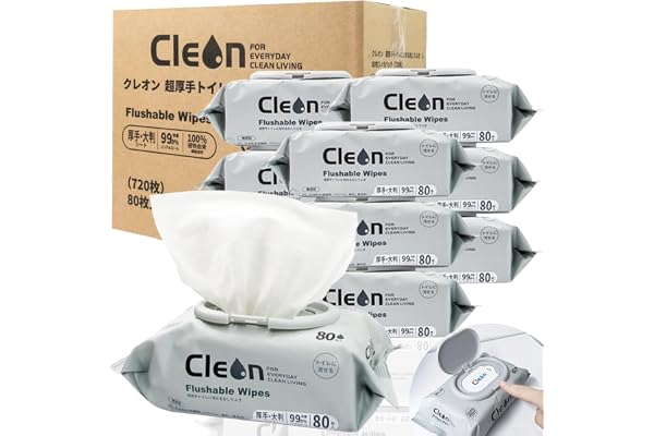 Cleon 超厚手 トイレ流せる おしりふき からだふき ウェットティッシュ 80枚×9パック 大判 ワンプッシュ 蓋付き 99.9%除菌 ノンアルコール 肌に優しい 介護 対応 除菌シート (80枚x9パック)
