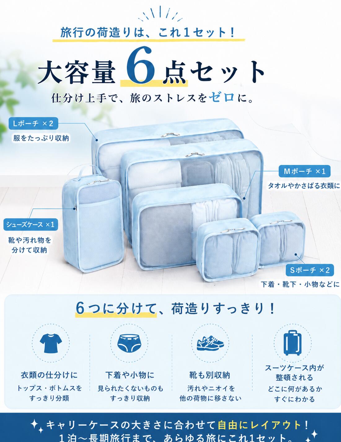 【サマーSALE！】トラベルポーチ 6点セット 収納ポーチ 旅行ポーチ おしゃれ セット パッキング グッズ 仕分け ケース バッグ 袋 簡単 便利グッズ 衣類 洗面用具 旅行 出張 日帰り 旅行グッズ お泊りセット flamingo-go-10001039 くつろぎ部屋着のNutopia サンプル画像2
