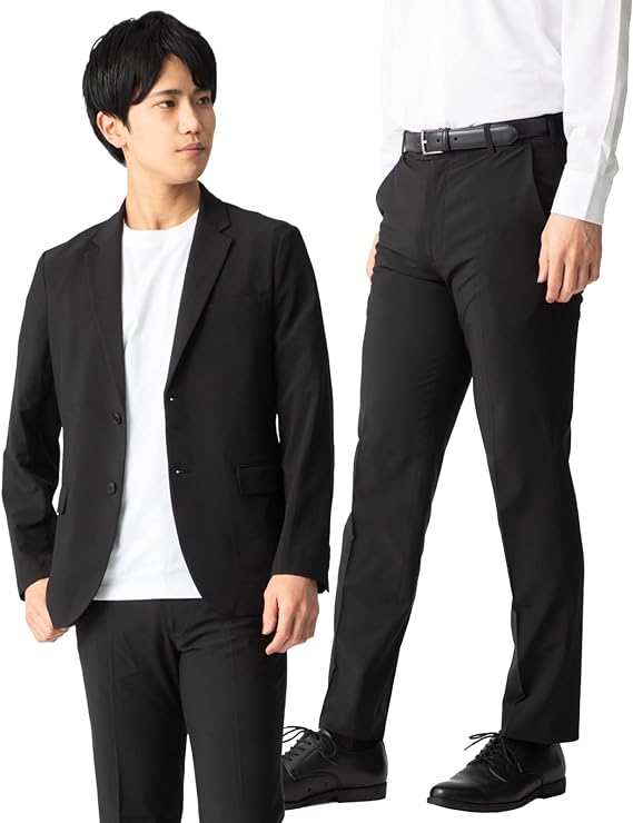 ジャケット メンズ 春夏用 裾上げ済み パンツ単品可 ストレッチ素材 ノーアイロン 丸洗いOK 吸汗速乾 軽量 ビジネス テレワーク対応 黒スーツ カジュアルセットアップ 父の日