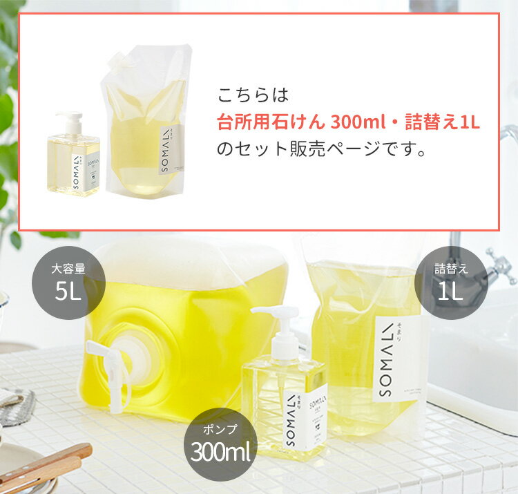 本体・詰替えセット 木村石鹸 SOMALI 台所用石けん ポンプ 300ml 詰替え 1L そまり（KMRS）【送料無料】【海外×】【ASU】 2