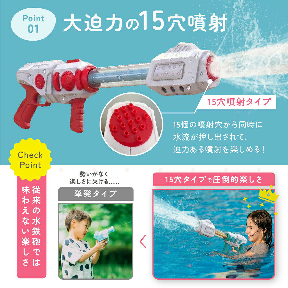 水鉄砲 ウォーターガン 15穴噴射 全3カラー 大量発射 びしょ濡れ水鉄砲 水遊び 大...