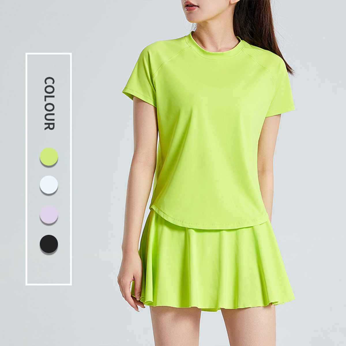 Tops - テニスウェア レディース 上下セット 半袖Tシャツ スカート 2点セット 体型カバー テニス ゴルフ スポーツウェア トレーニング 運動着 吸汗速乾 インナーパンツ付き 着痩せ ランニング ウォーキング フィットネス ヨガウェア ジムウェア 女子用