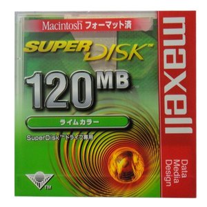 【製品仕様】 「SuperDisk」ドライブ専用大容量メディアのライムカラー普通の3.5型フロッピー約83枚分の120MBタイプ。 (Macintoshフォーマット済)