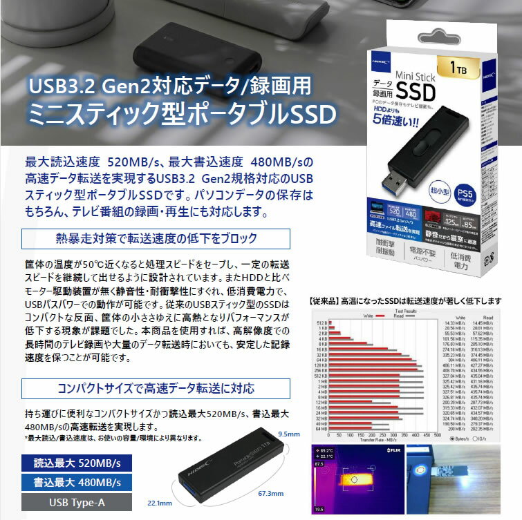 HIDISC USB3.2 Gen2対応データ/録画用 MiniStickポータブルSSD 256GB HDMSSD256GJP3R 3