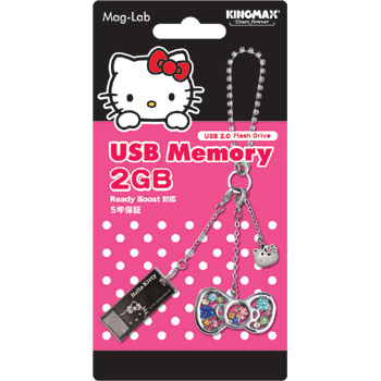 ハローキティ USBメモリー 2GB キティ＆リボン(ラインストーンカラーmix)チャーム付き 防水仕様 Kingmax-kittyUSB2GBtypeA-pk 【メール便OK】