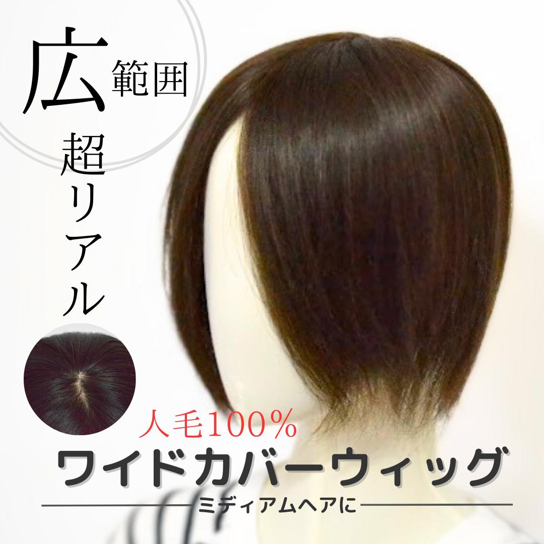 【試着/返品OK！送料無料】人毛100％ ワイドカバーウィッグ【ミディアムヘア】 大20cm☆ ヘアピース 人毛 つむじ付き 白髪 前髪 自然 ワ..