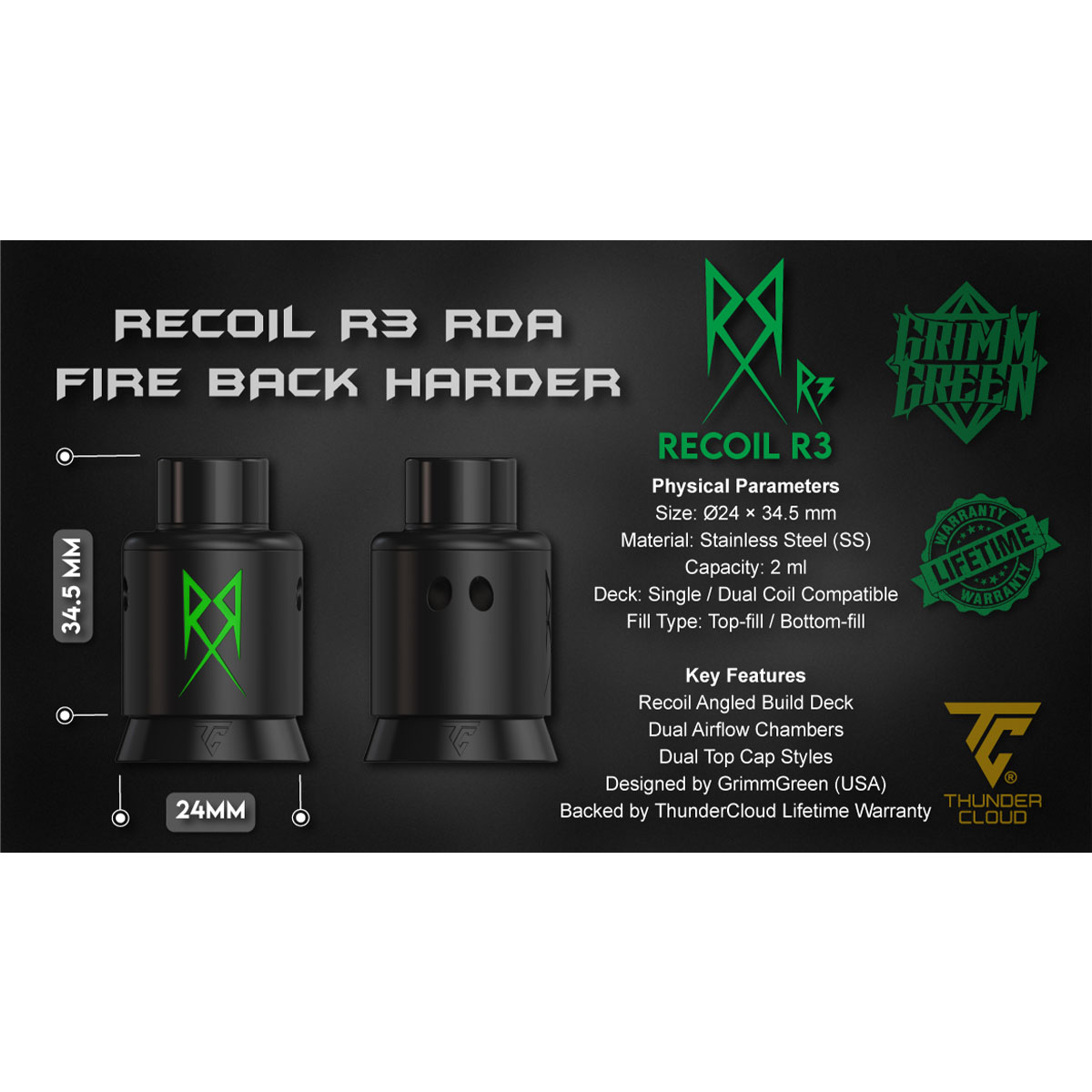 VAPE専門店フレーバーキッチンの電子タバコ vape RDA Thunder Cloud Recoil R3 RDA サンダークラウド リコイルR3 RDA アトマイザー RBA 直径24mm シングル デュアル ビルド リビルド 爆煙 アトマイザー リコイル｜アングル3
