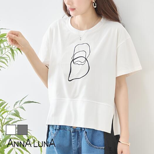 ＼11일까지! 쿠폰으로 반액/[2026SS신상품]아트 디자인 탑스 ANNALUNA select 안날나 ML 탑스 컷소우 반소매 T셔츠 탁 디자인 컷소우 미세스 느긋하게 심플 무지 풍선 레이디스 소매 탁 여름 원포인트