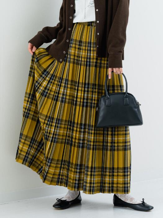 【美品】45R ウールタータンチェック ロングスカート イエロー Lサイズ 45Rウールタータンのカーゴスカート: WOMEN｜45R