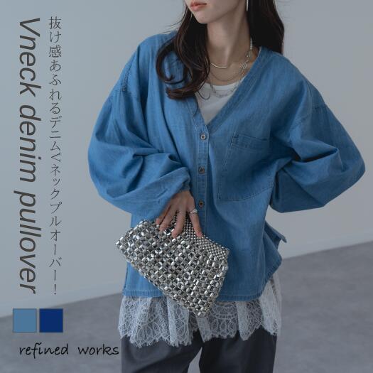Rakuten - 【2026SS新商品】デニムVネックプルオーバー refinedworks リファインドワークス トップス カットソー Tシャツ プルオーバー デニムトップス 異素材 ペプラム デニム 春 秋 異素材トップス レディース ミセスファッション