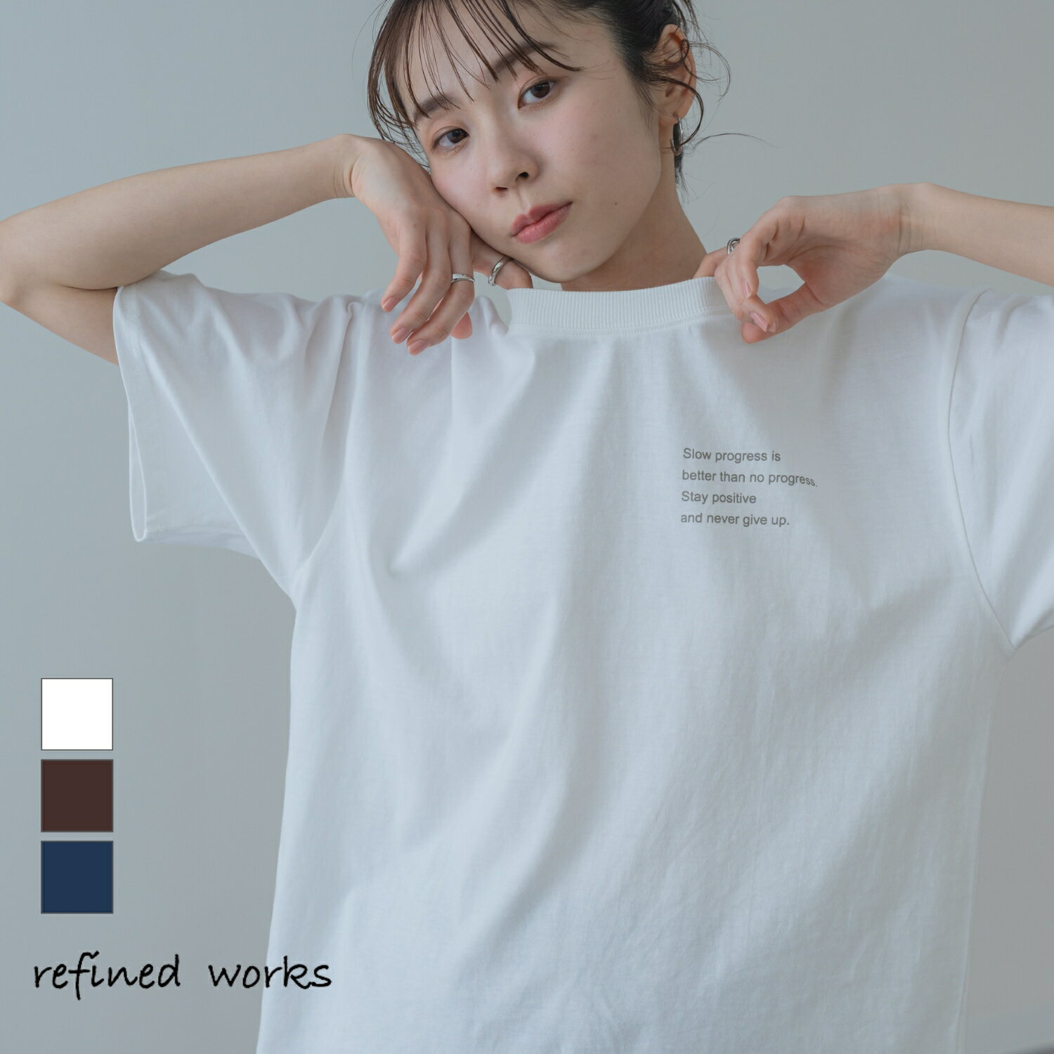胸ロゴTシャツ refinedworks リファインドワークス シャツ カットソー Tシャツ ロゴ ロンT 春 梅春 トップス レディース ミセスファッション カットソー ロゴT 半袖T 半袖