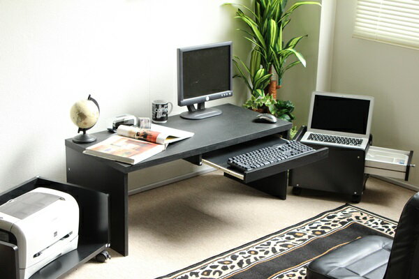 パソコン ロータイプ 90幅 ブラック デスクセット 机+ラック+チェスト [2]