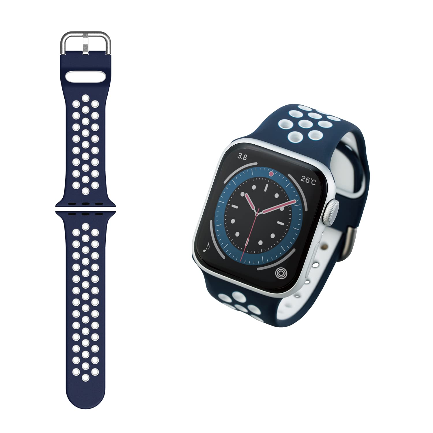 エレコム Apple Watch (アップルウォッチ) バンド 41mm 40mm 38mm [Apple Watch 8 7 SE2 SE 6 5 4 3 2 1 対応] シリコン アクティブタイプ 通気穴 ネイビー×ホワイト AW-40BDSCNNV