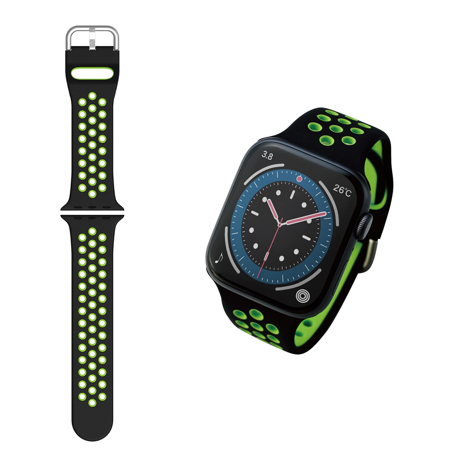 エレコム Apple Watch (アップルウォッチ) バンド 49mm 45mm 44mm 42mm [Apple Watch Ultra 8 7 SE2 SE 6 5 4 3 2 1 対応] シリコン シリコン アクティブタイプ ブラック×グリーン AW-44BDSCNBK2