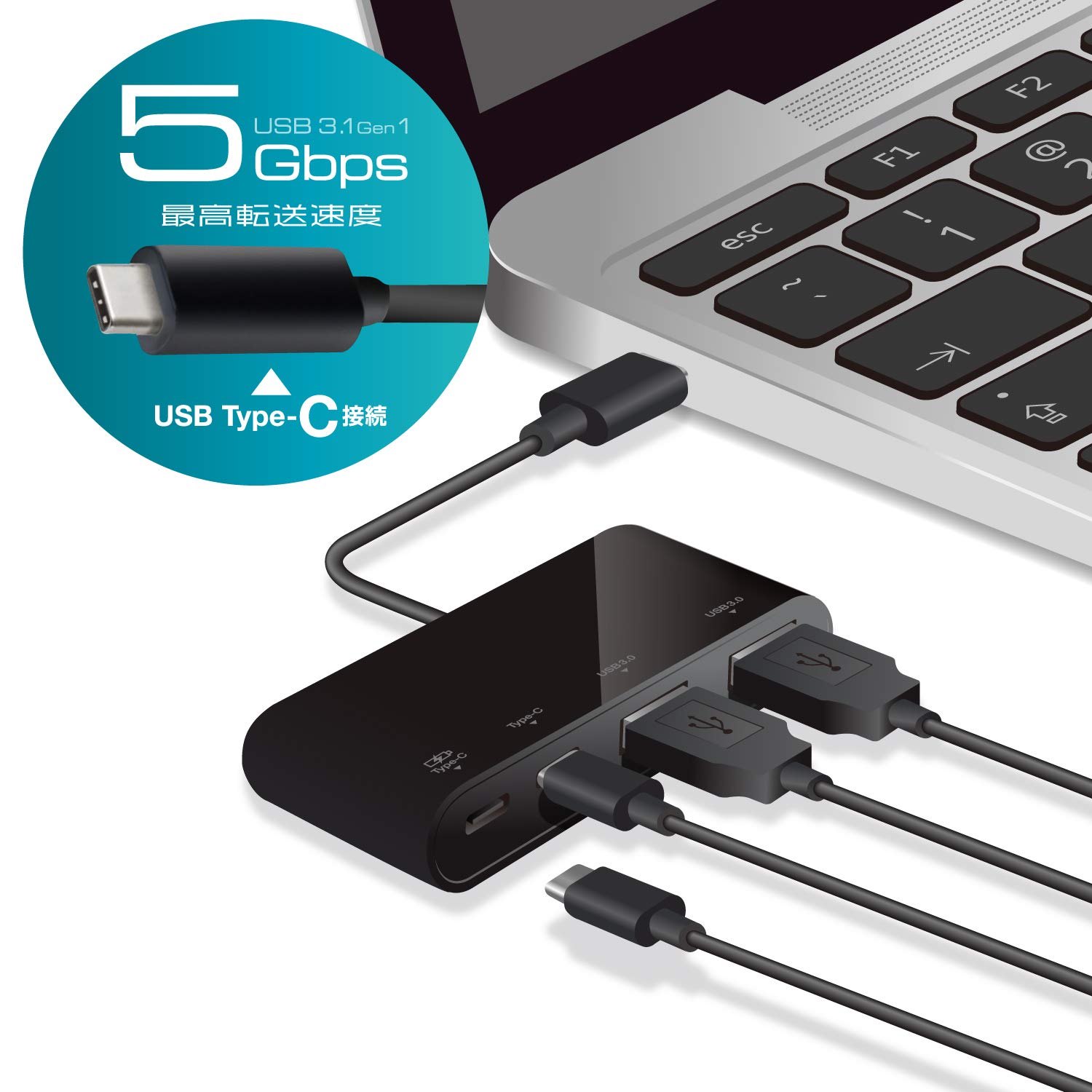 エレコム USBハブ USB Type c USB3.1Gen1 (Aメス2ポート/ Type-Cメス2ポート) バスパワーUSB PD対応MacBook/iPad/Surface GO Pro 7 / Chromebook等 対応ブラック U3HC-A423P5BK