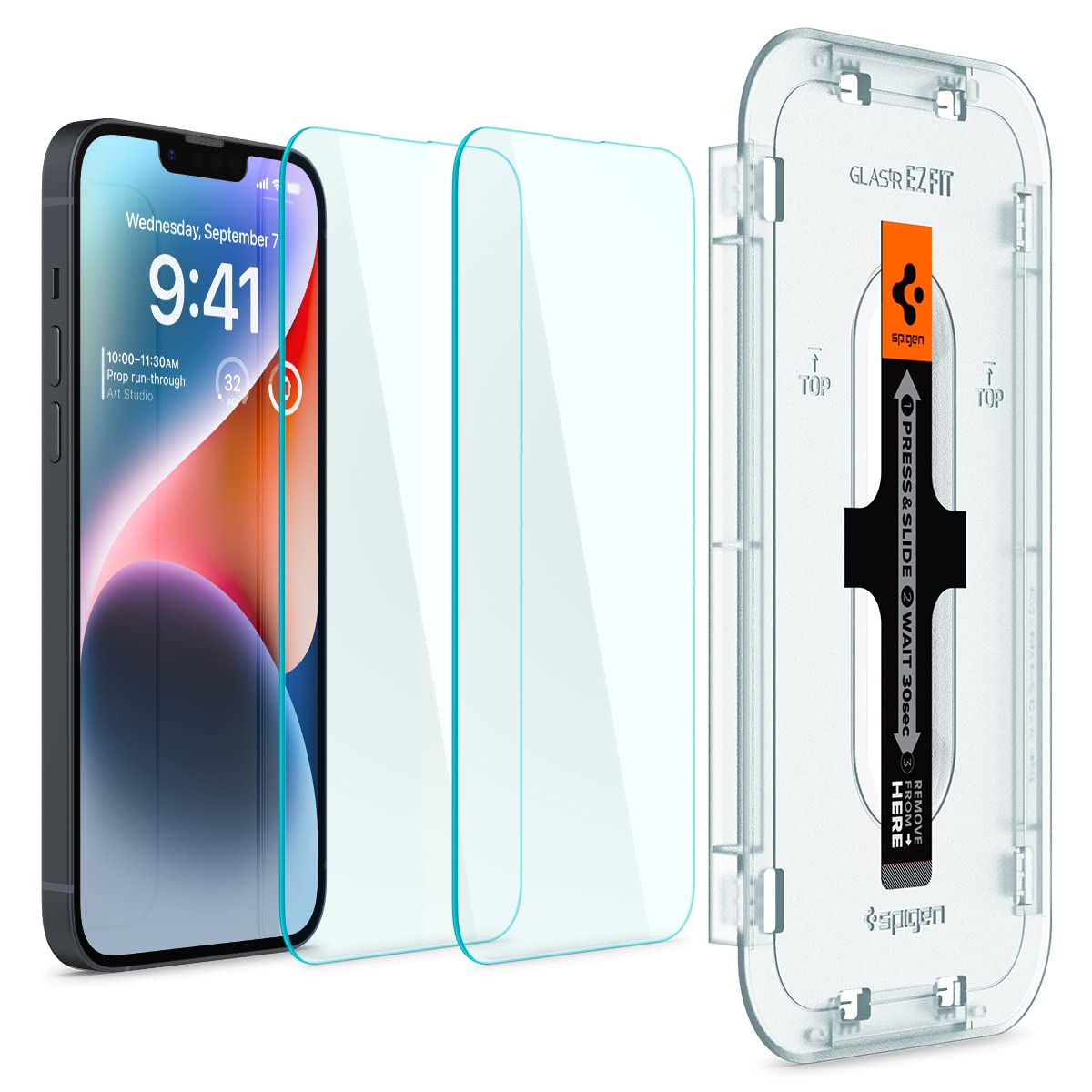 Spigen EZ Fit ガラスフィルム iPhone 14、iPhone 13、iPhone 13 Pro 用 貼り付けキット付き センサー..