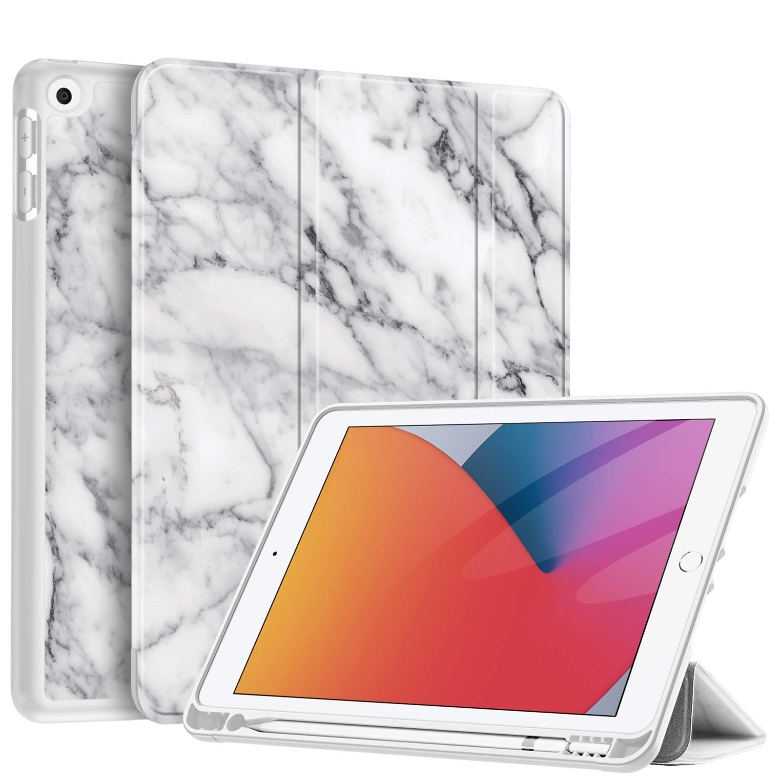 Fintie iPad 10.2 ケース iPad 第9 / 8 / 7世代 ケース 2021 2020 2019 ソフトTPU バックカバー Apple Pencil 収納可能 三つ折スタンド スリープ機能 軽量 薄型 傷つけ防止 PUレザー iPad 10.2インチ(2021/2020/2019) (モデル番号A2197、A2198、 A2200)（柄 X マーブルホワイ