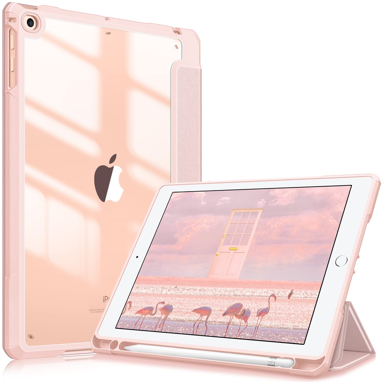 Fintie iPad 9.7 2018 2017 / iPad Air 2 / iPad Air 1 ケース 透明バックカバー Apple Pencil 収納可能 三つ折スタンド スリープ機能 軽量 薄型 傷つけ防止 PU合成レザー TPU iPad 9.7 第6世代 / 第5世代対応 (ローズゴールド)