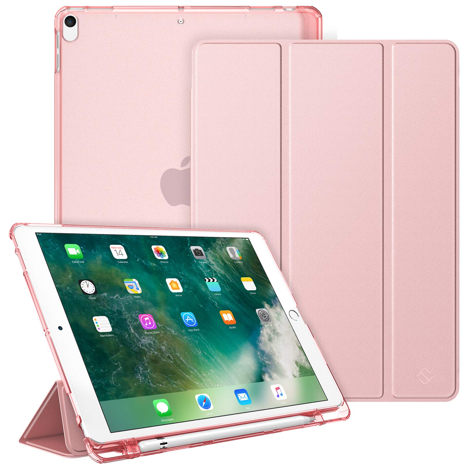 Fintie iPad Air 2019 ケース iPad Air3 10.5インチ ケース/iPad Pro 10.5 2017 ケース バックカバー Apple Pencil 収納可能 三つ折スタンド スリープ機能 軽量 薄型 半透明 傷つけ防止 PUレザー (モデル番号A2152、A2123、A2153、A1701、A1709)（ローズゴールド）
