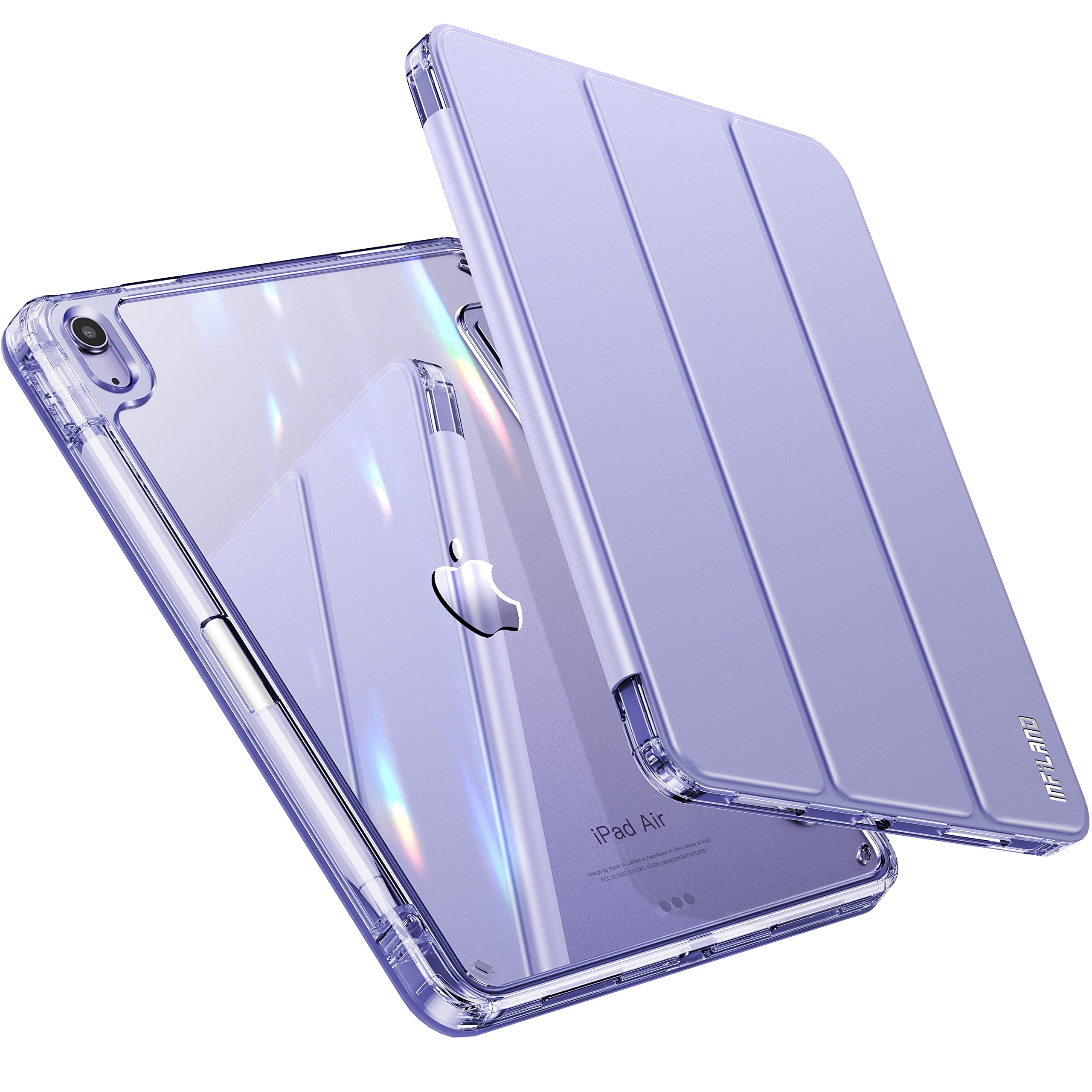 INFILAND iPad air 第5世代 2022 用ケース iPad air4 2020 用 ケース ipad 10.9インチ カバー ペンホルダー付き 超軽量 薄型 TPU キズ防止 裏全透明カバー 三つ折りスマート オートスリープ機能（イングリッシュラベンダー）