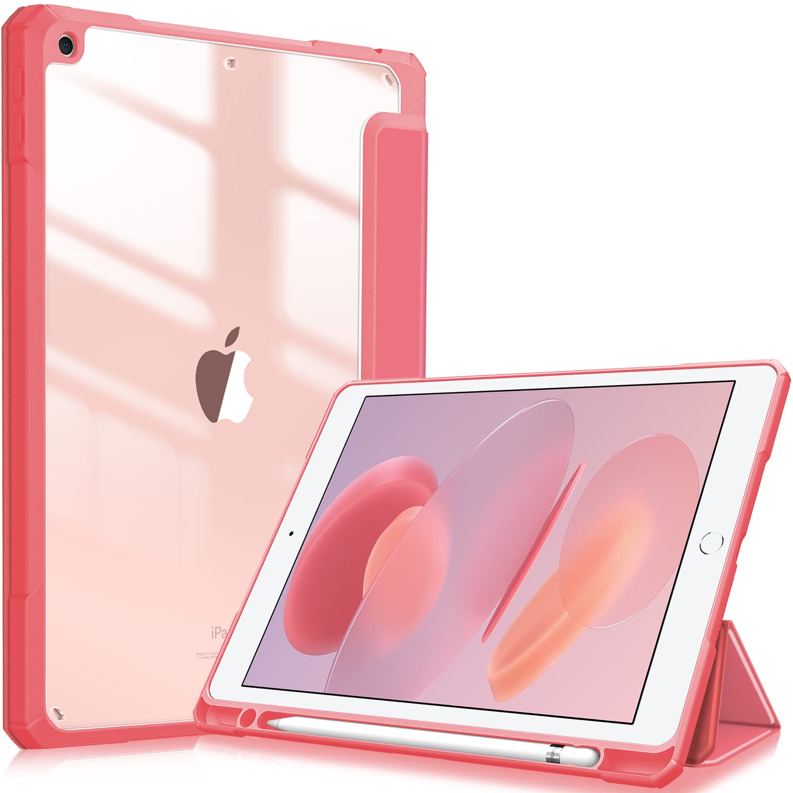 Fintie iPad 10.2 ケース iPad 第9 / 8 / 7世代 ケース 2021 2020 2019 透明バックカバー Apple Pencil 収納可能 三つ折スタンド スリープ機能 軽量 薄型 傷つけ防止 PU合成レザー TPU (モデル番号A2602、A2603、A2604、A2605)(スイカ)