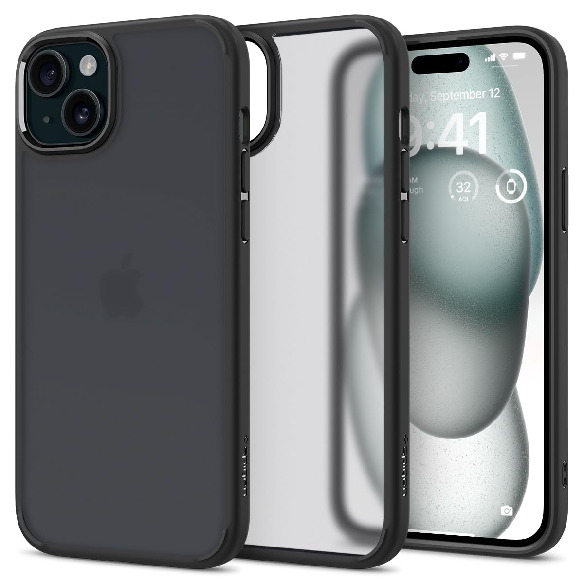 Spigen iPhone 15 ケース クリア 耐衝撃 半透明 さらさら 米軍MIL規格取得 指紋防止 ストラップホール 黄変抑制 透明 TPU バンパーケース 2重構造 レンズ保護 擦り傷防止 ワイヤレス充電対応 ウルトラ・ハイブリッド ACS06797 (フロスト・ブラック)