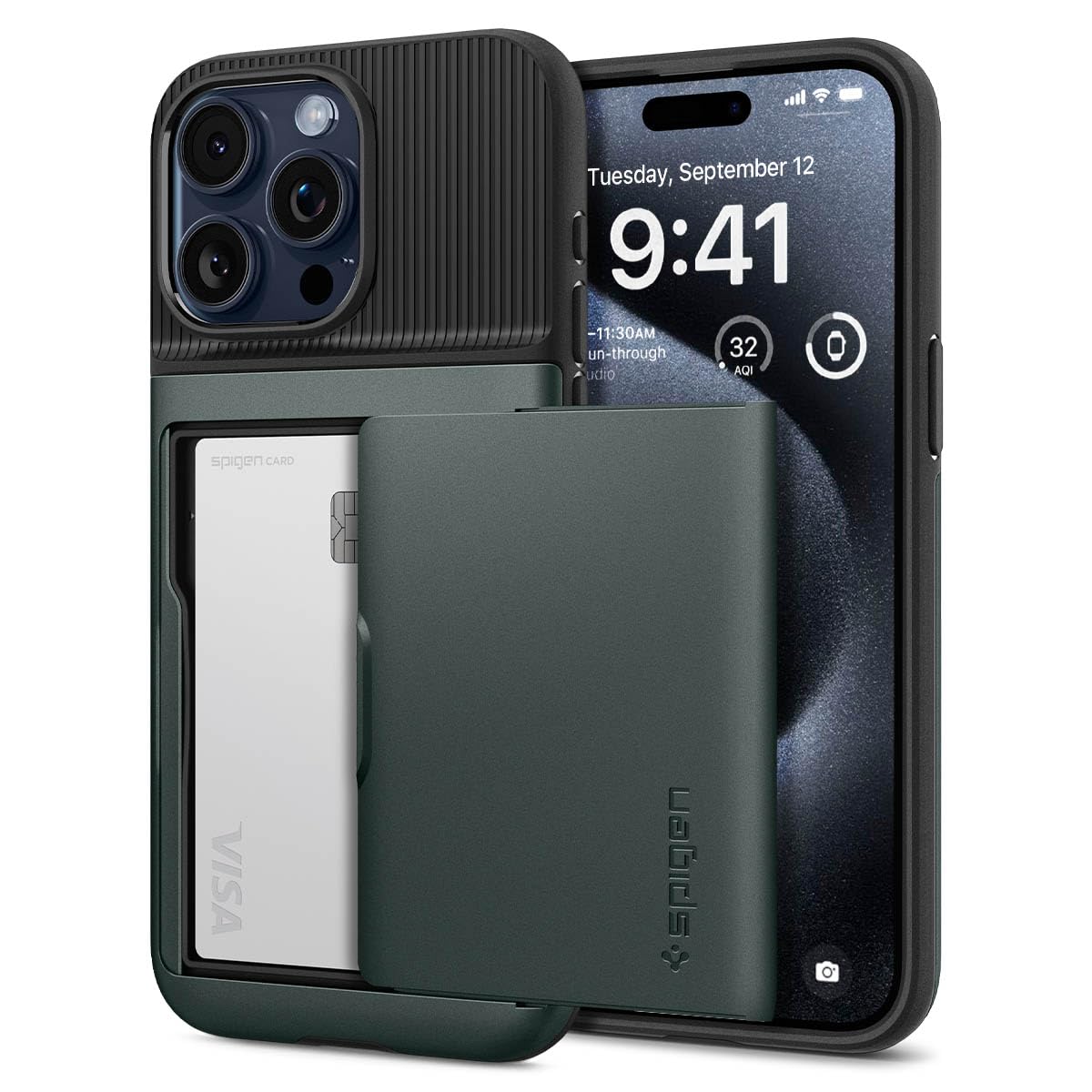 Spigen iPhone 15 Pro Max ケース カード収納 米軍MIL規格 耐衝撃 パスケース スリム・アーマーCS ACS06592 (アビス・グリーン)