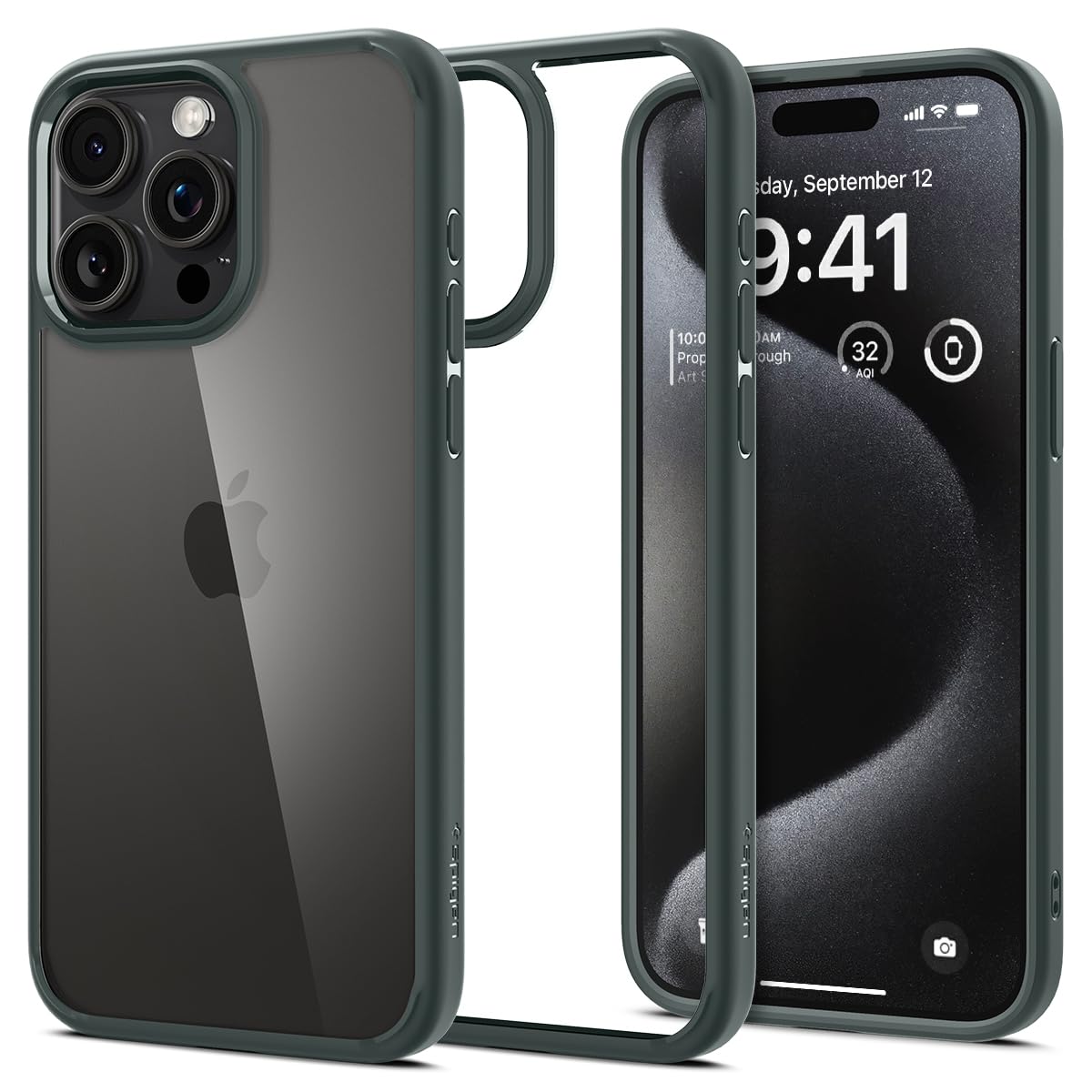 Spigen iPhone 15 Pro Max ケース クリア ストラップホール 米軍MIL規格 ウルトラ・ハイブリッド ACS06574 (アビス・グリーン)